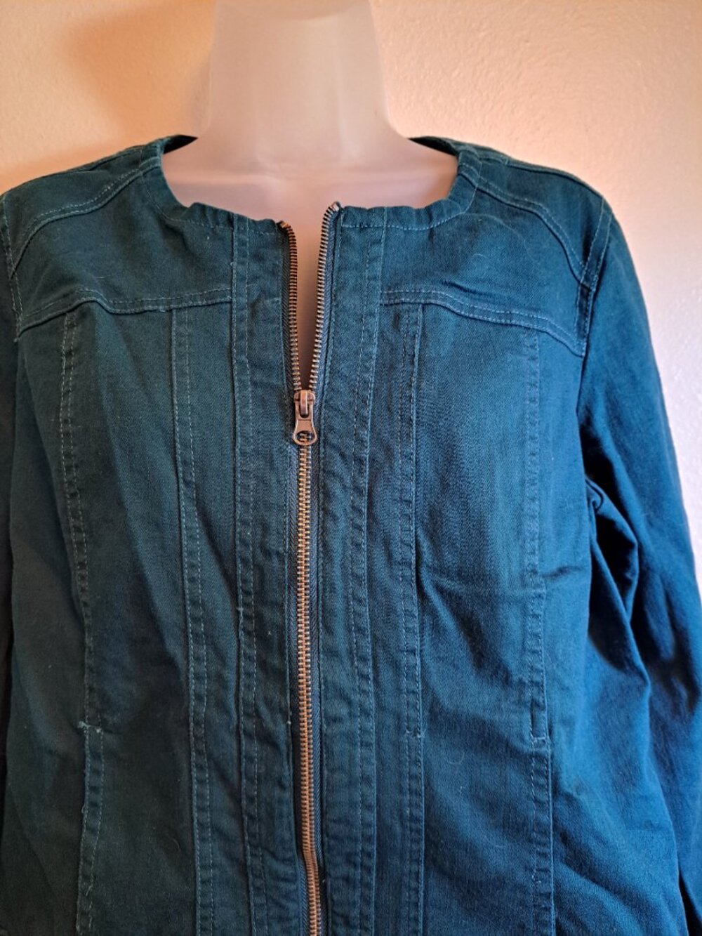 Christopher Banks Collarless Zip Front Dark Teal Denim Jacket,Chore Coat - Picture 2 of 8